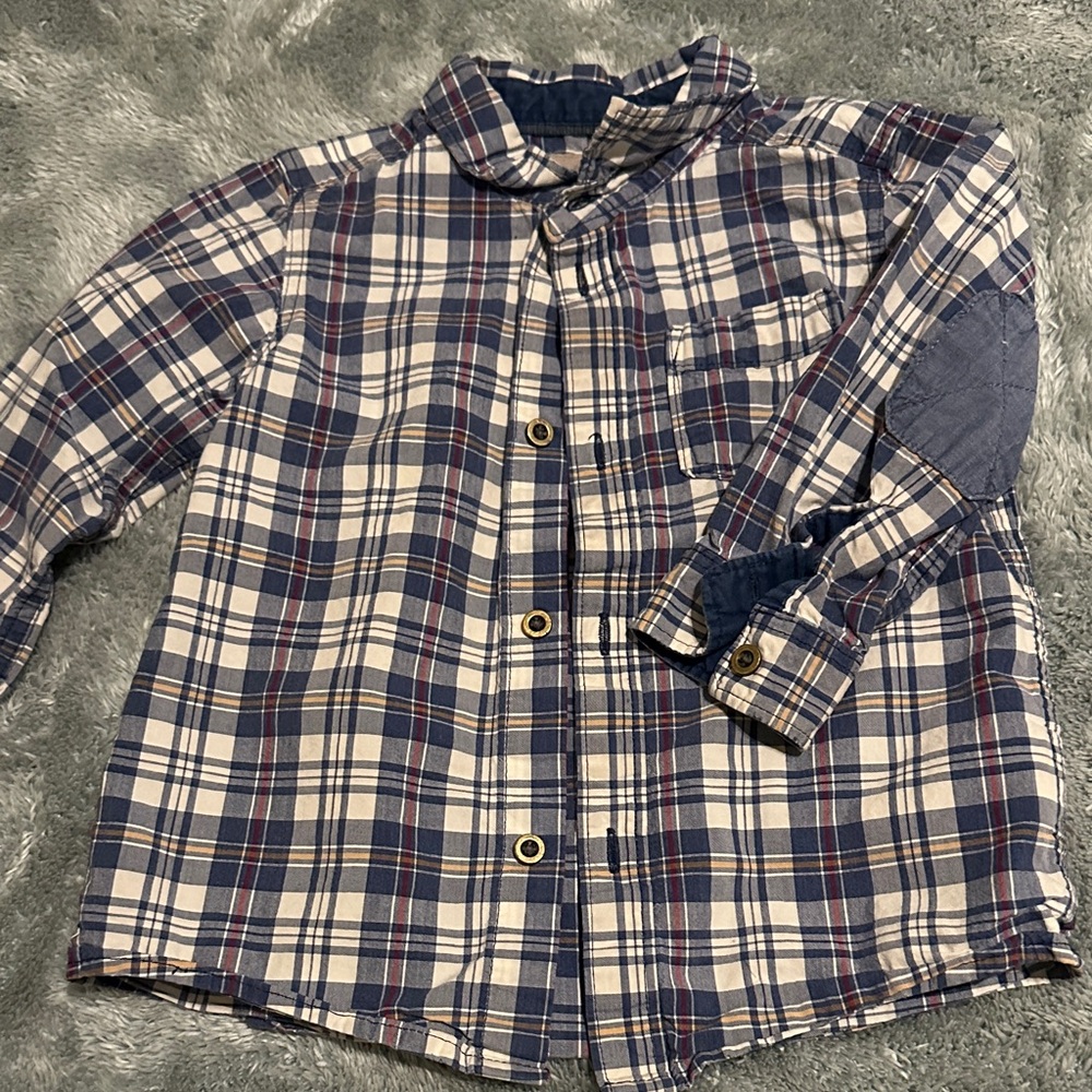 Navy Plaid Kids Button Down Shirt with Elbow Patches